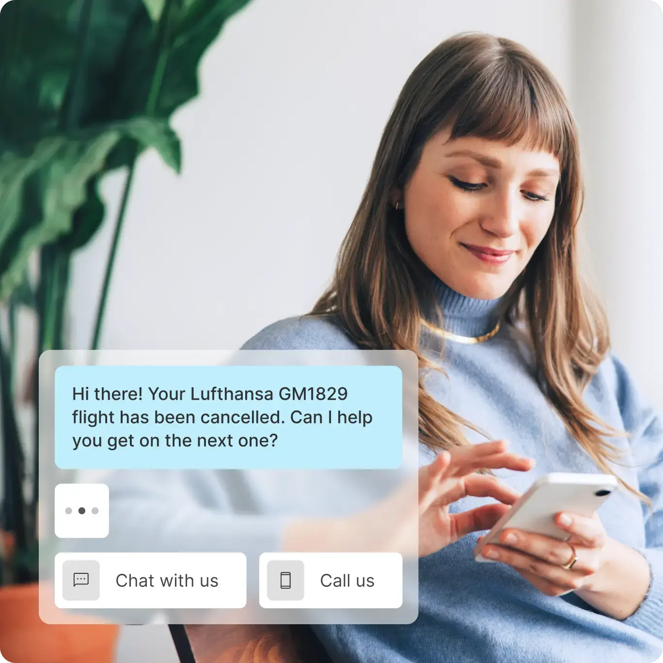 Flight cancellation support interface with AI assistant and customer service options