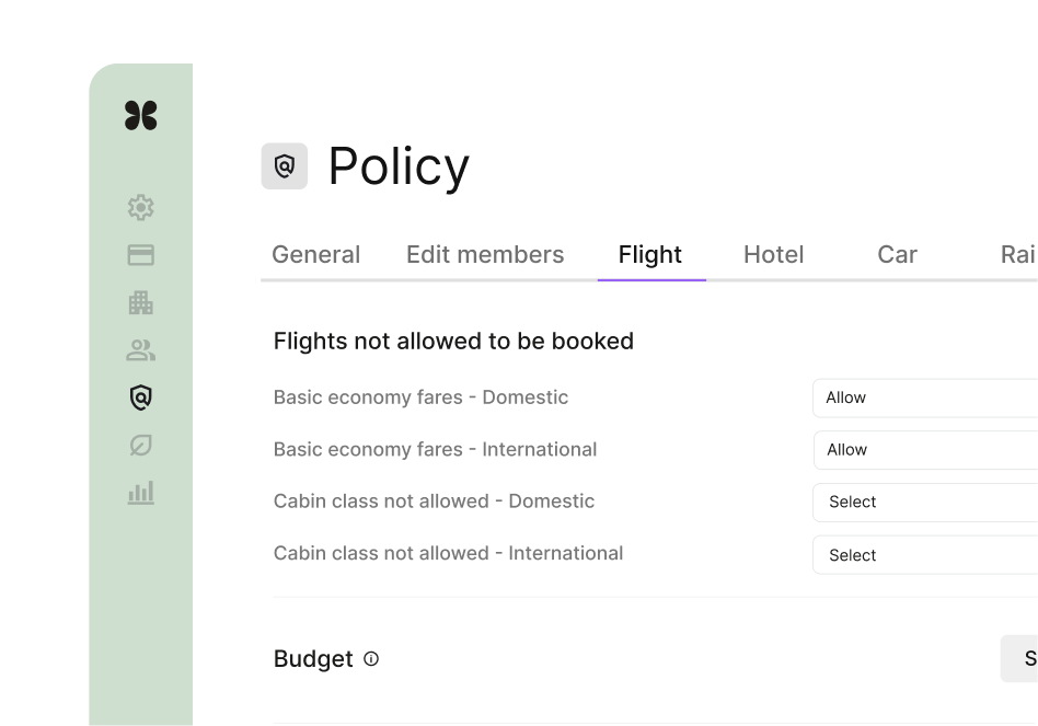 Corporate travel policy interface with flight booking restrictions and approval controls