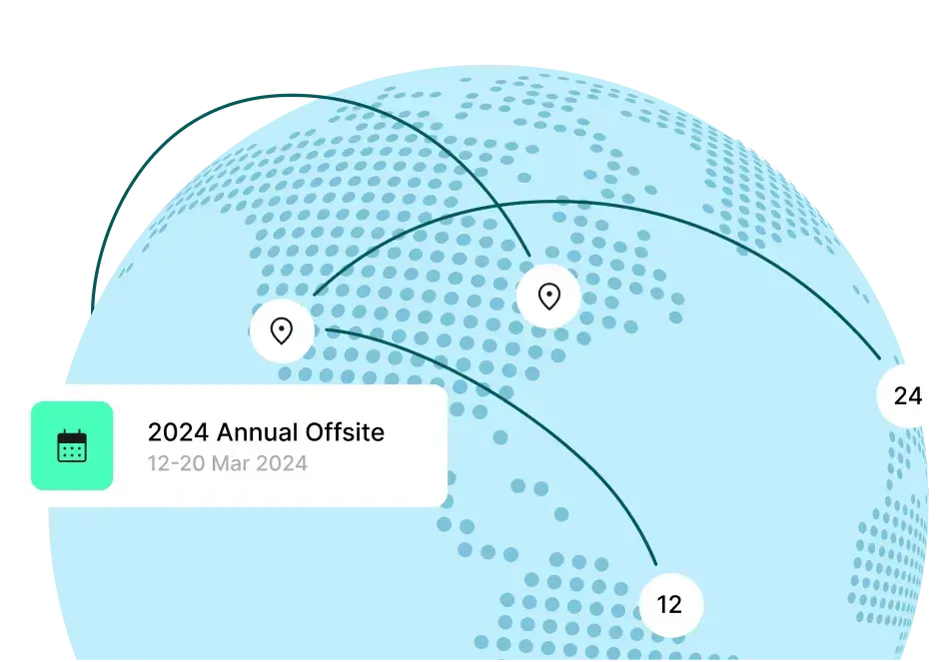 Annual offsite planning interface displaying team travel paths on world map background
