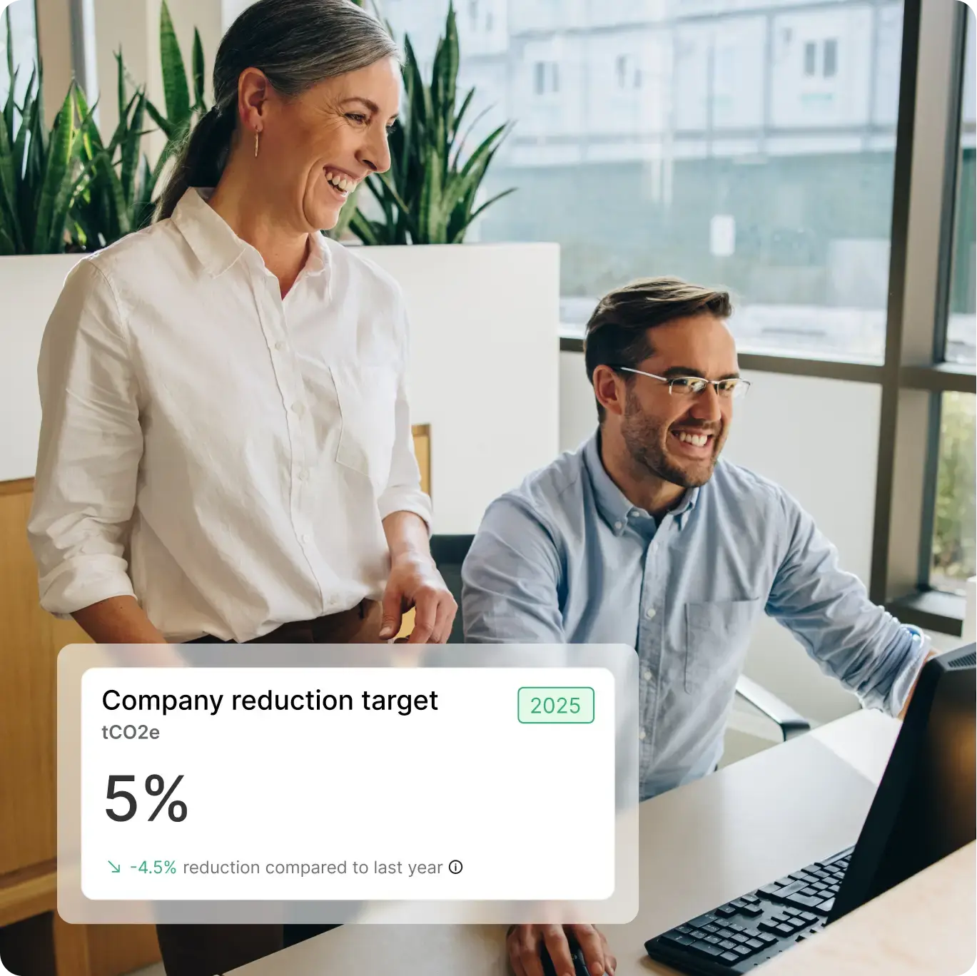 Two colleagues reviewing carbon reduction dashboard showing 5% company target for 2025