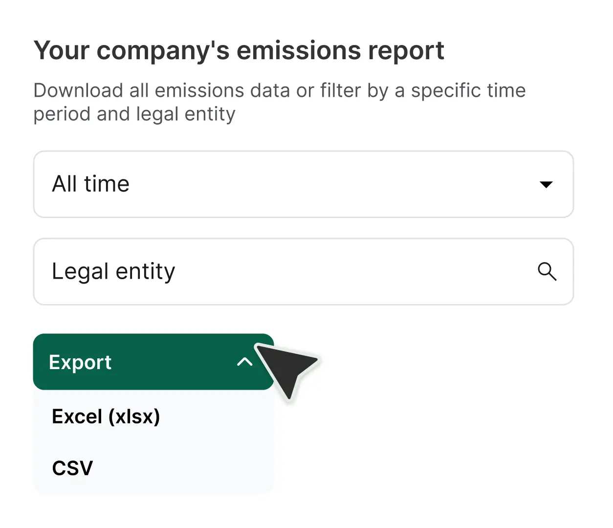 Company emissions report export interface with time and entity filters
