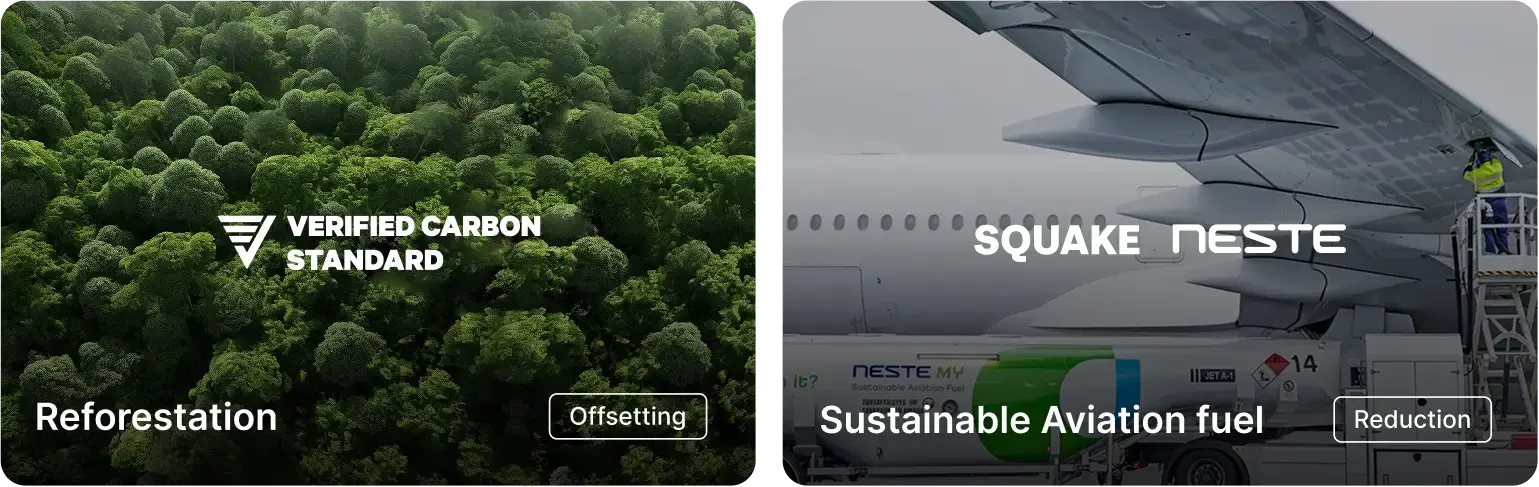 Two carbon reduction options: forest reforestation for offsetting and sustainable aviation fuel.