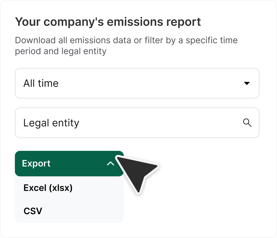 Company emissions report interface with time period and legal entity filters plus export options.