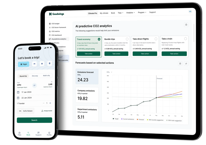 Goodwings app interface with flight booking and CO2 tracking dashboard Goodwings app interface with flight booking and CO2 tracking dashboard