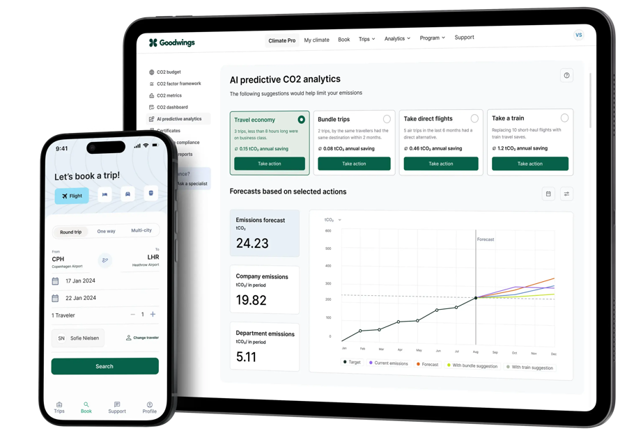 Goodwings app interface with flight booking and CO2 tracking dashboard Goodwings app interface with flight booking and CO2 tracking dashboard