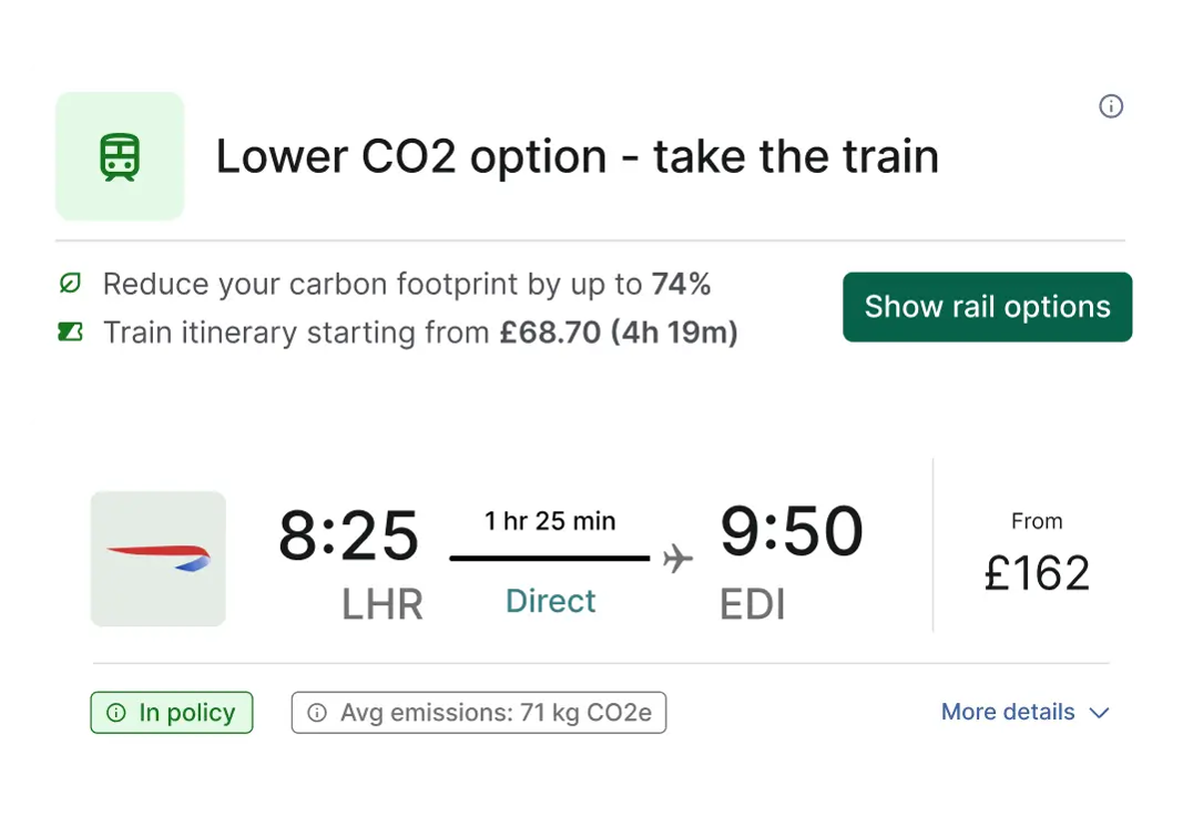 Train travel option showing lower CO2 emissions and booking details