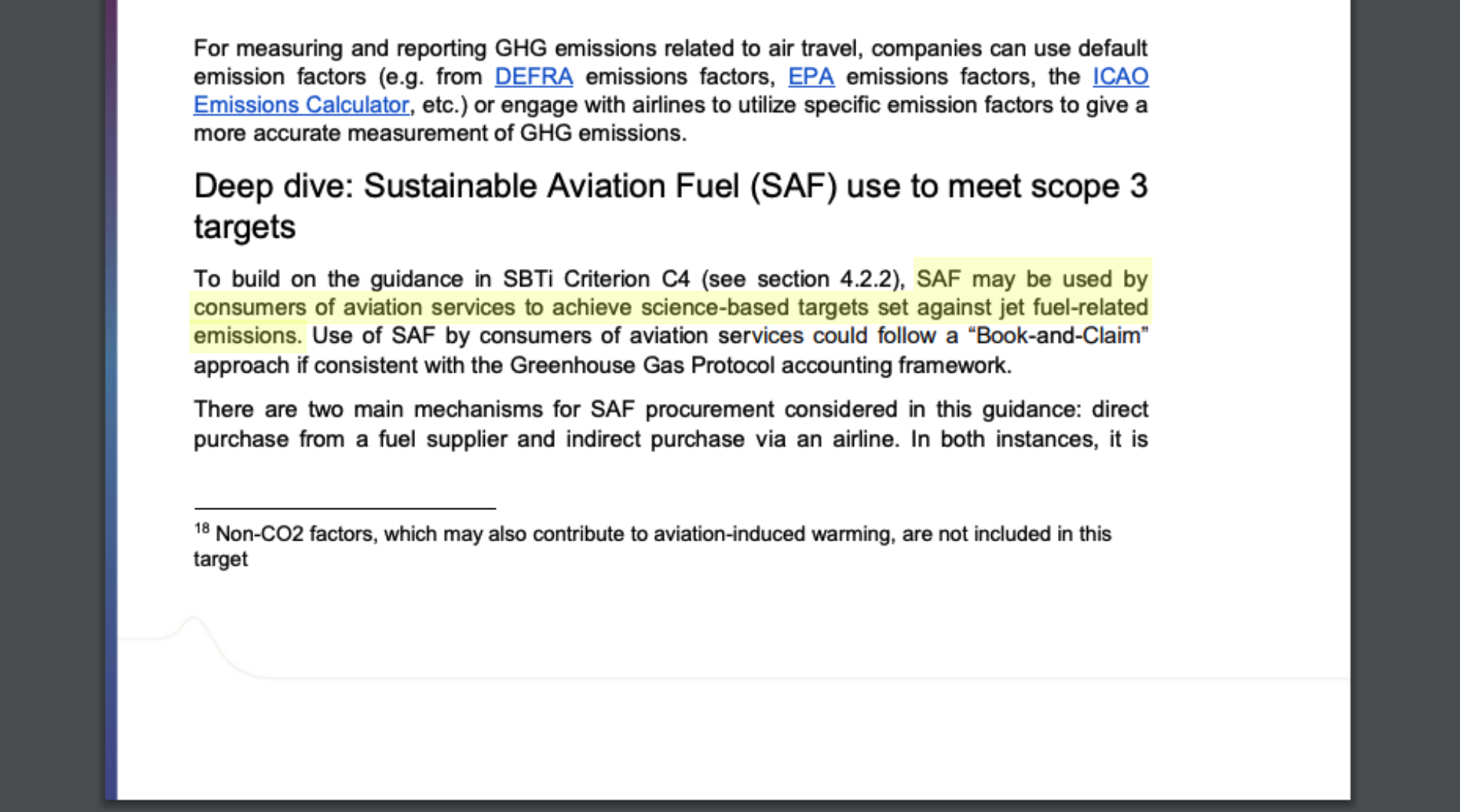 Screenshot of sustainable aviation fuel (SAF) guidance in the official Science Based Targets initiative (SBTi) Aviation Guidance document