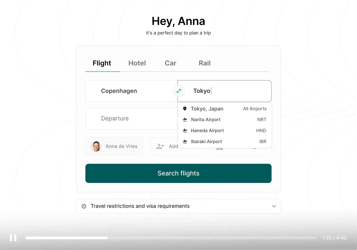 Travel booking interface alongside sustainability value proposition