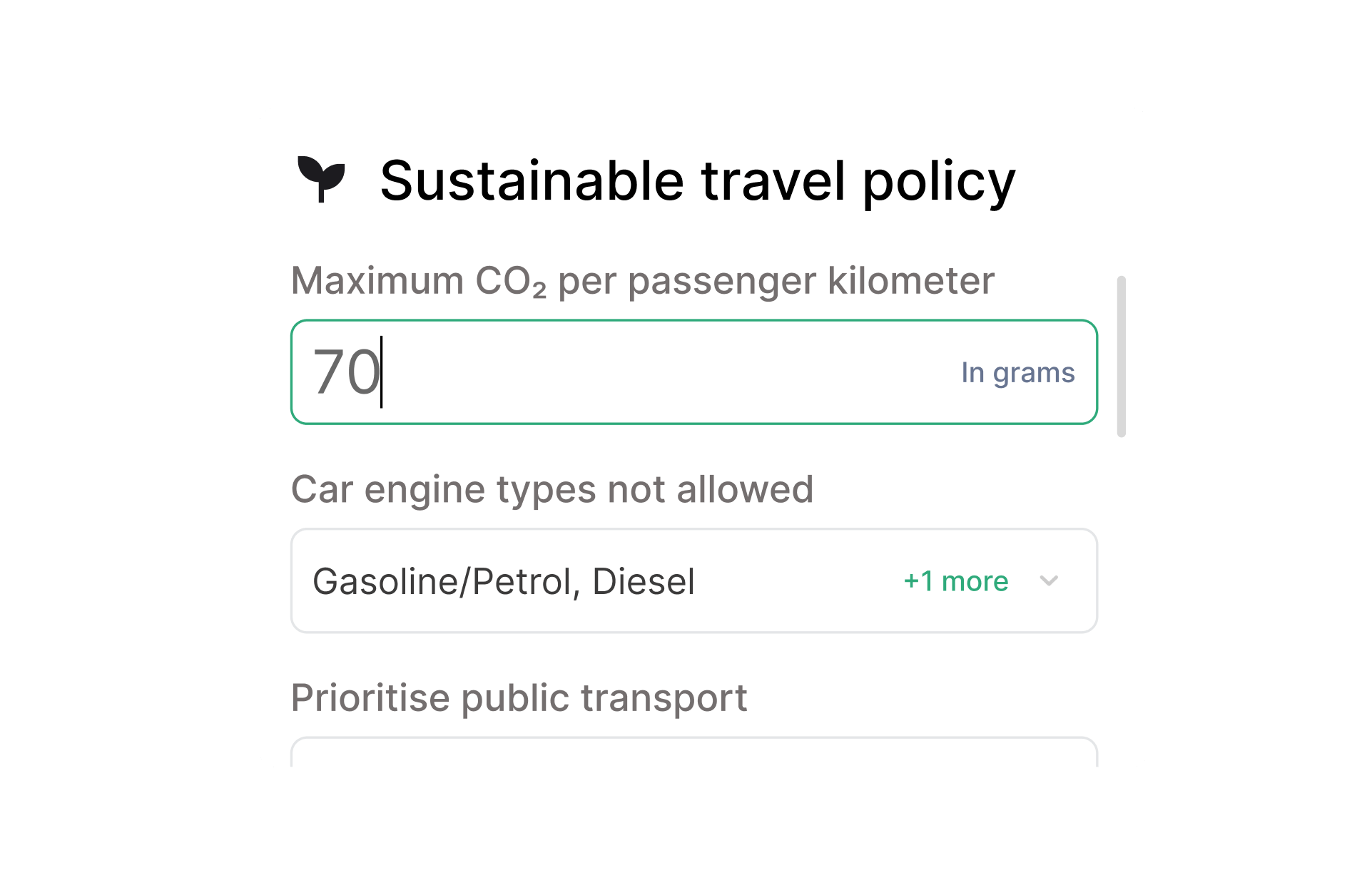 Sustainable travel policy settings with CO2 limits and transport restrictions
