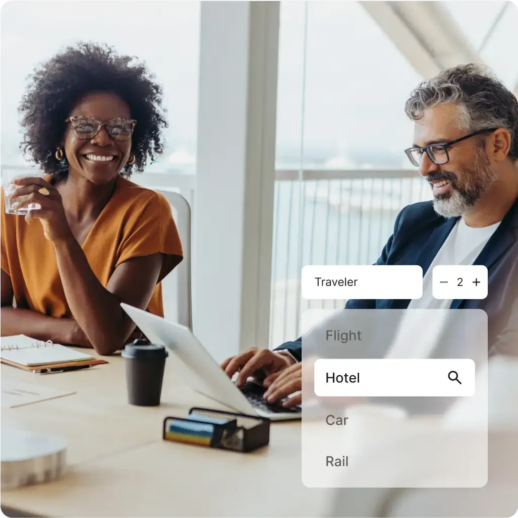 Business team using digital travel booking platform with flight and hotel options