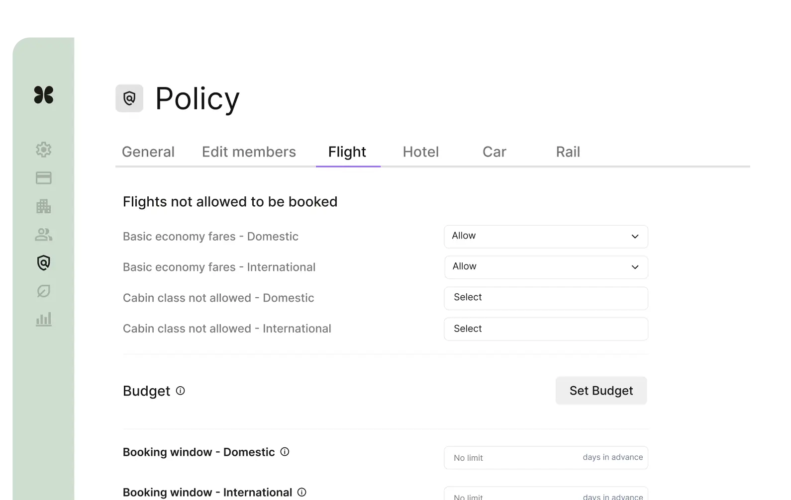 Travel policy management interface with flight restrictions and budget settings