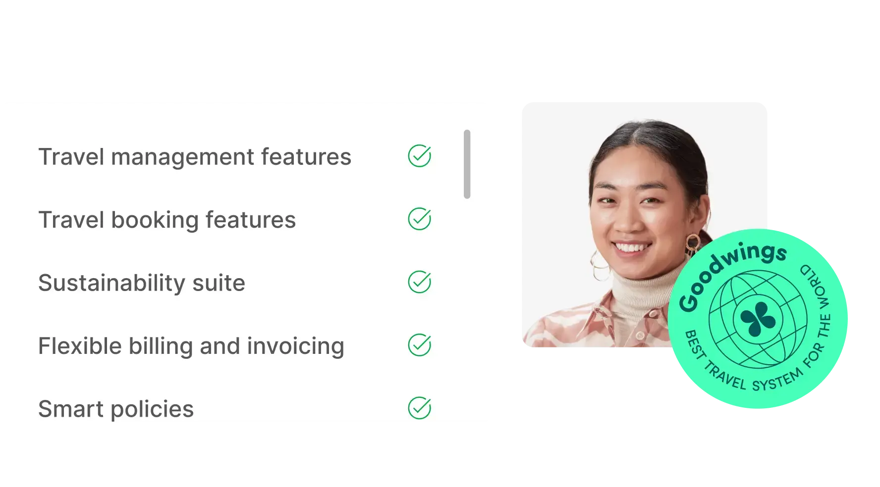 Goodwings customizable travel management plans featuring sustainable aviation fuel (SAF) options, comprehensive feature checklist, and customer support representative with the 'Best Travel System for the World' certification badge for eco-conscious corporate travel programs.