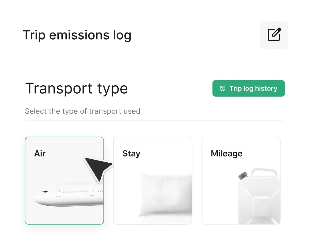 Travel emissions log with transport category selection for environmental tracking