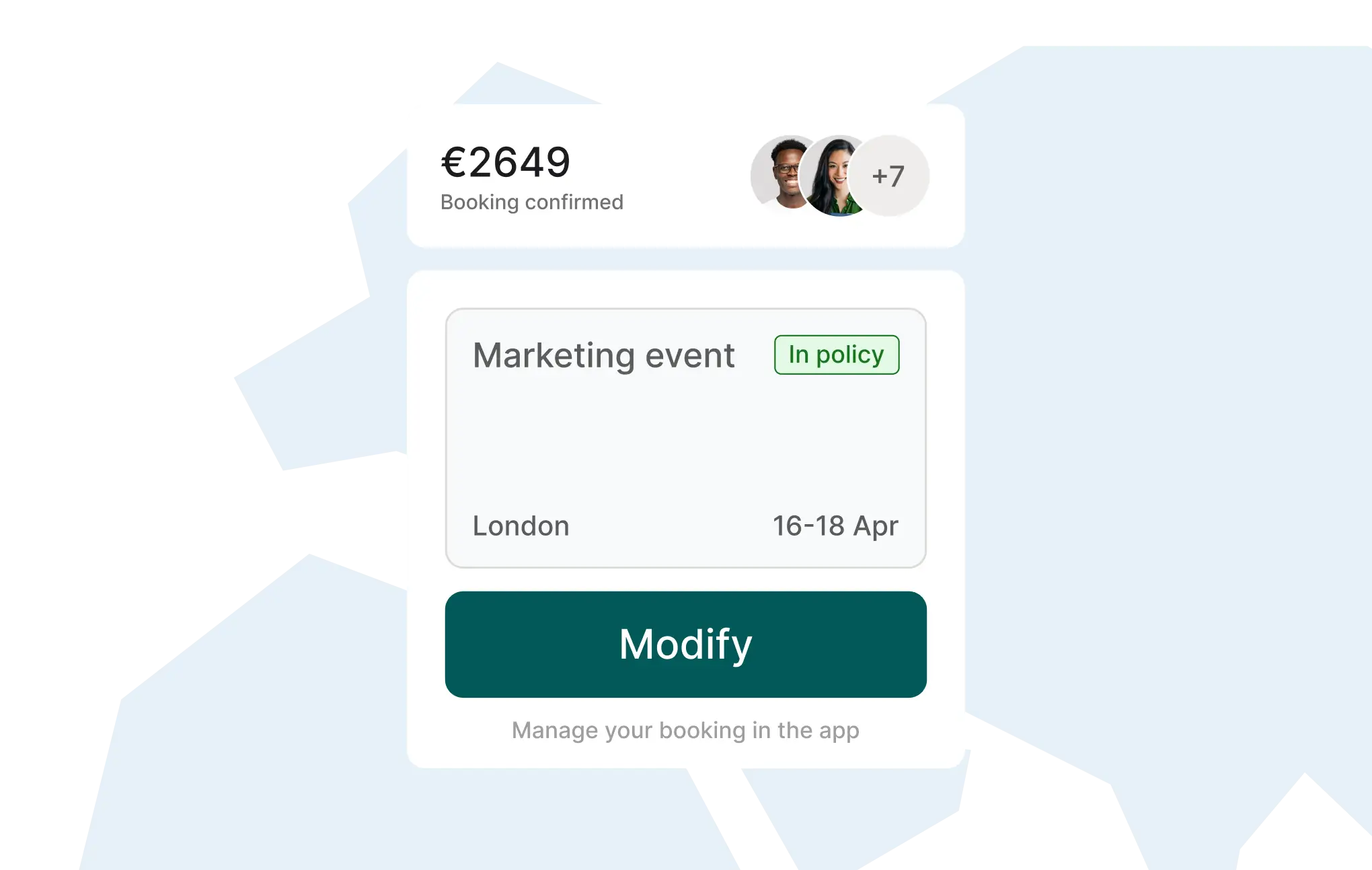 Booking confirmation for €2649 marketing event in London