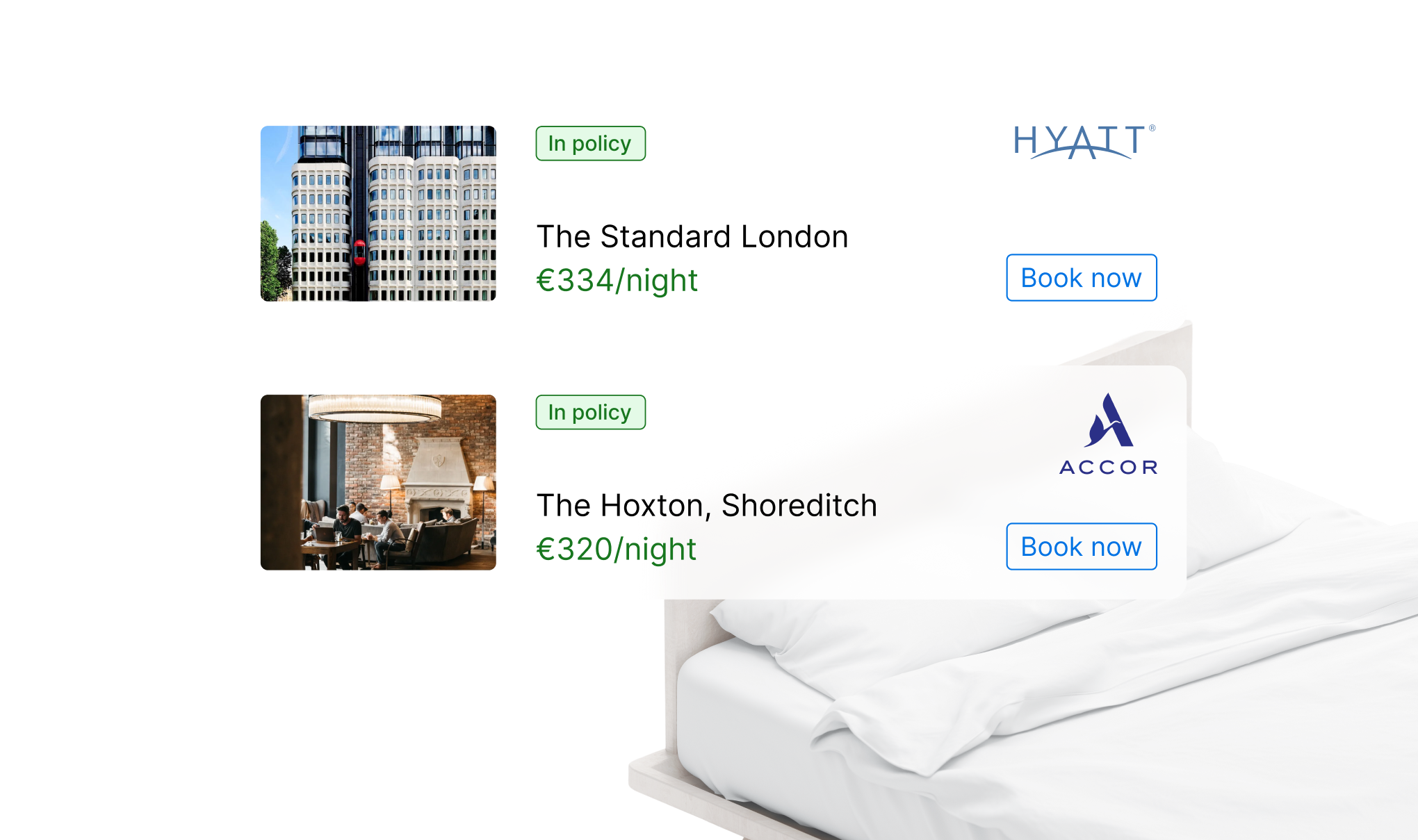 Hotel search results with pricing and booking options