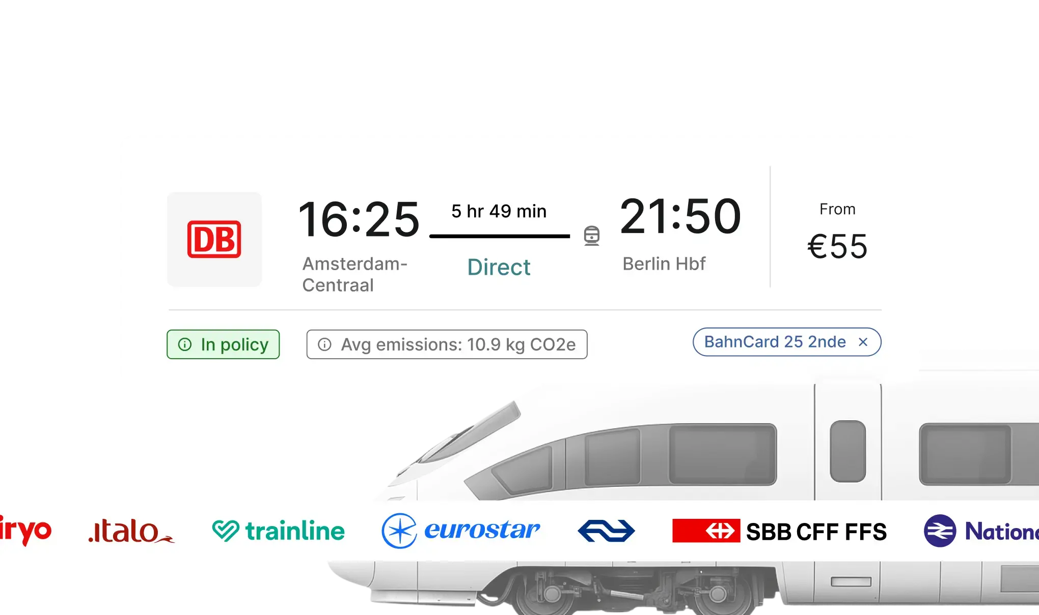 Train booking result showing Deutsche Bahn direct service from Amsterdam to Berlin