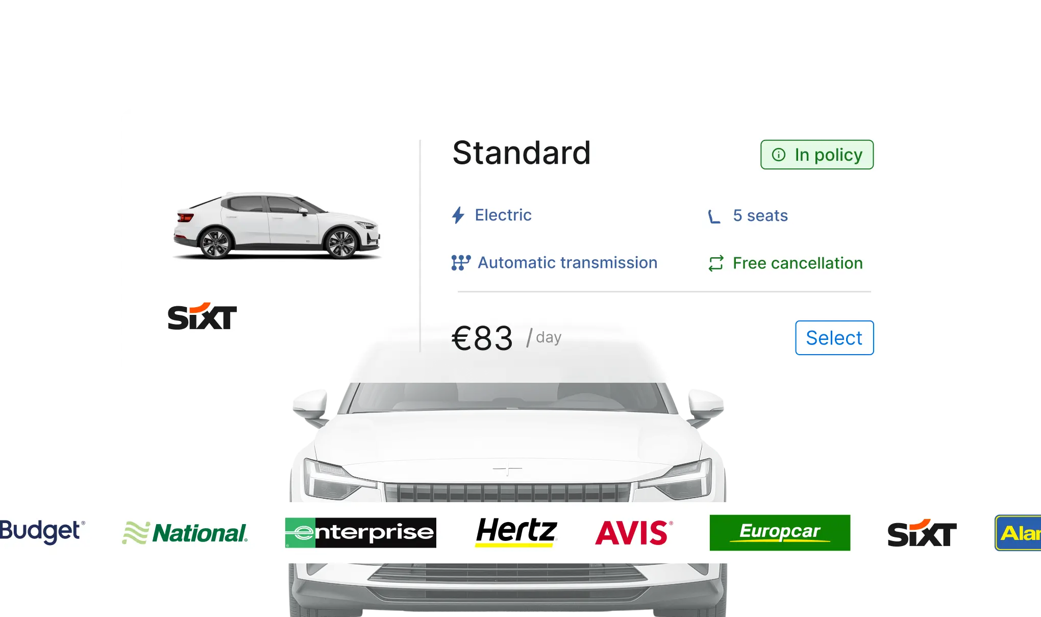 Car rental listing for standard electric vehicle with booking options