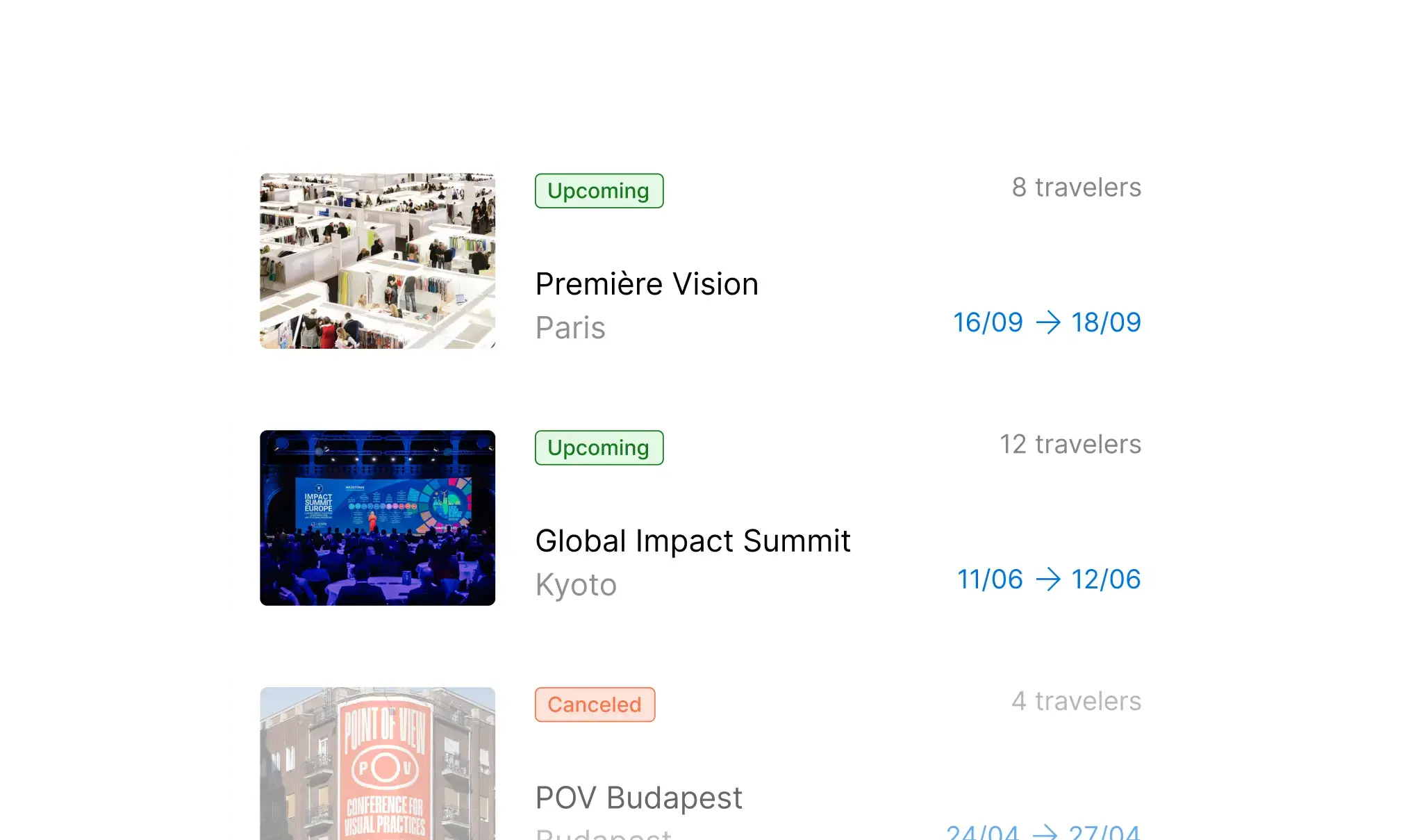 Business event management dashboard showing upcoming events