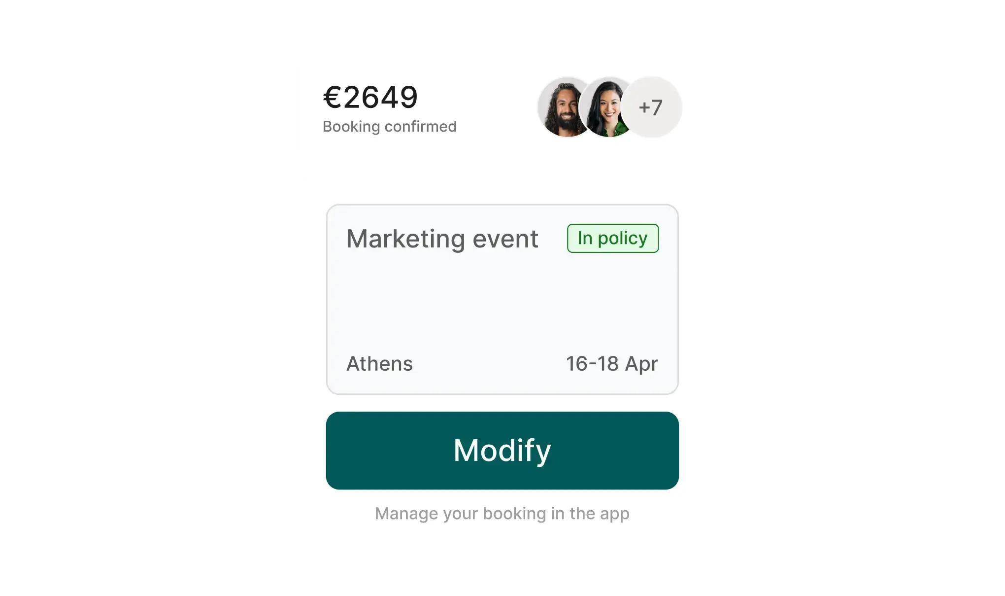 Event booking summary showing confirmed attendees and management options