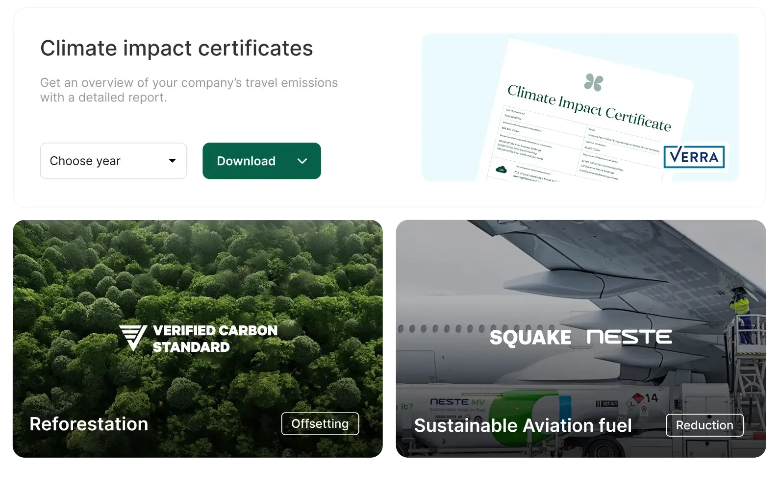 Climate impact certificates dashboard displaying travel emissions reports, reforestation offsetting with Verified Carbon Standard, and aviation fuel reduction initiatives from Squake and Neste.