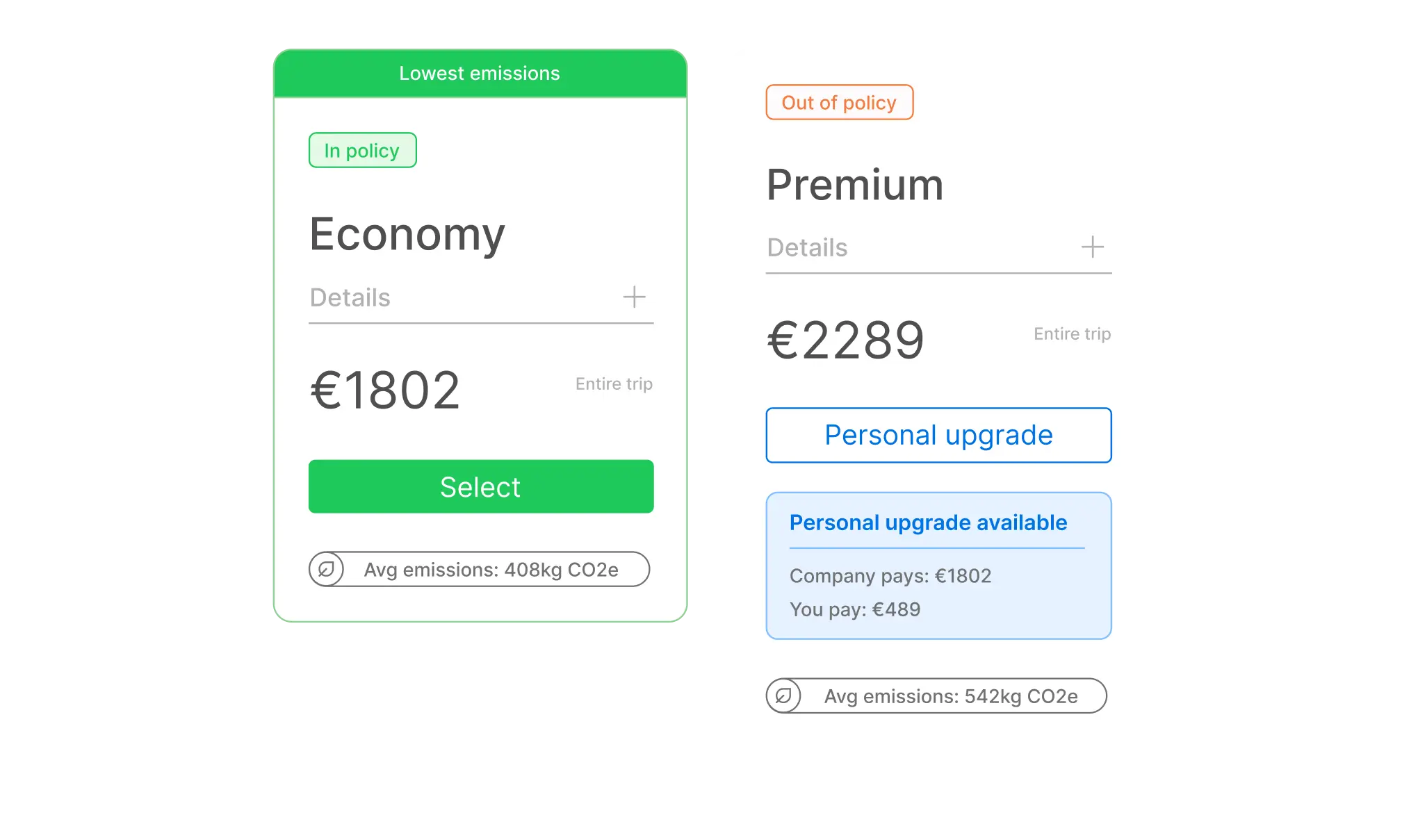 Flight upgrade options showing personal upgrade availability