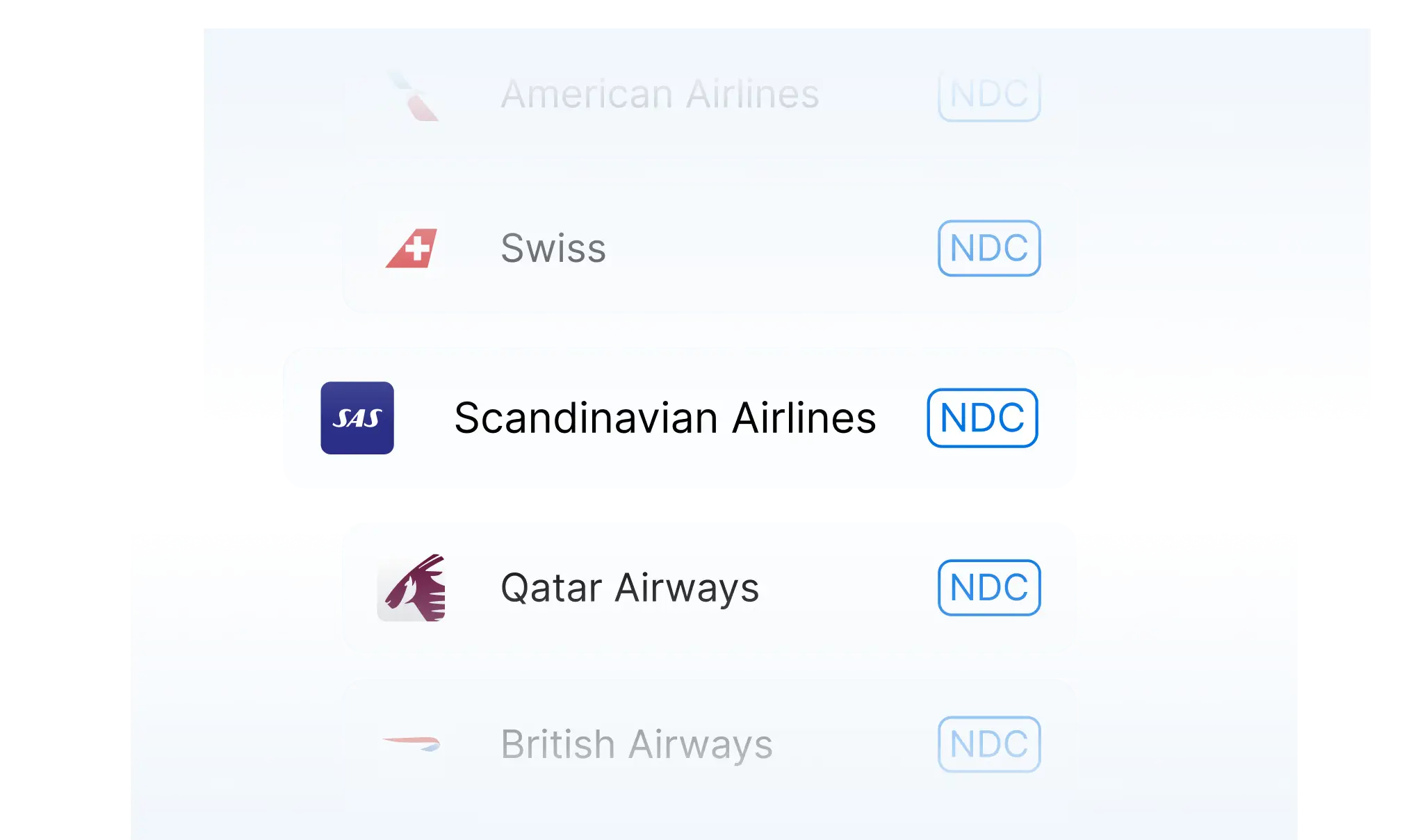 Airline selection list with NDC availability indicators