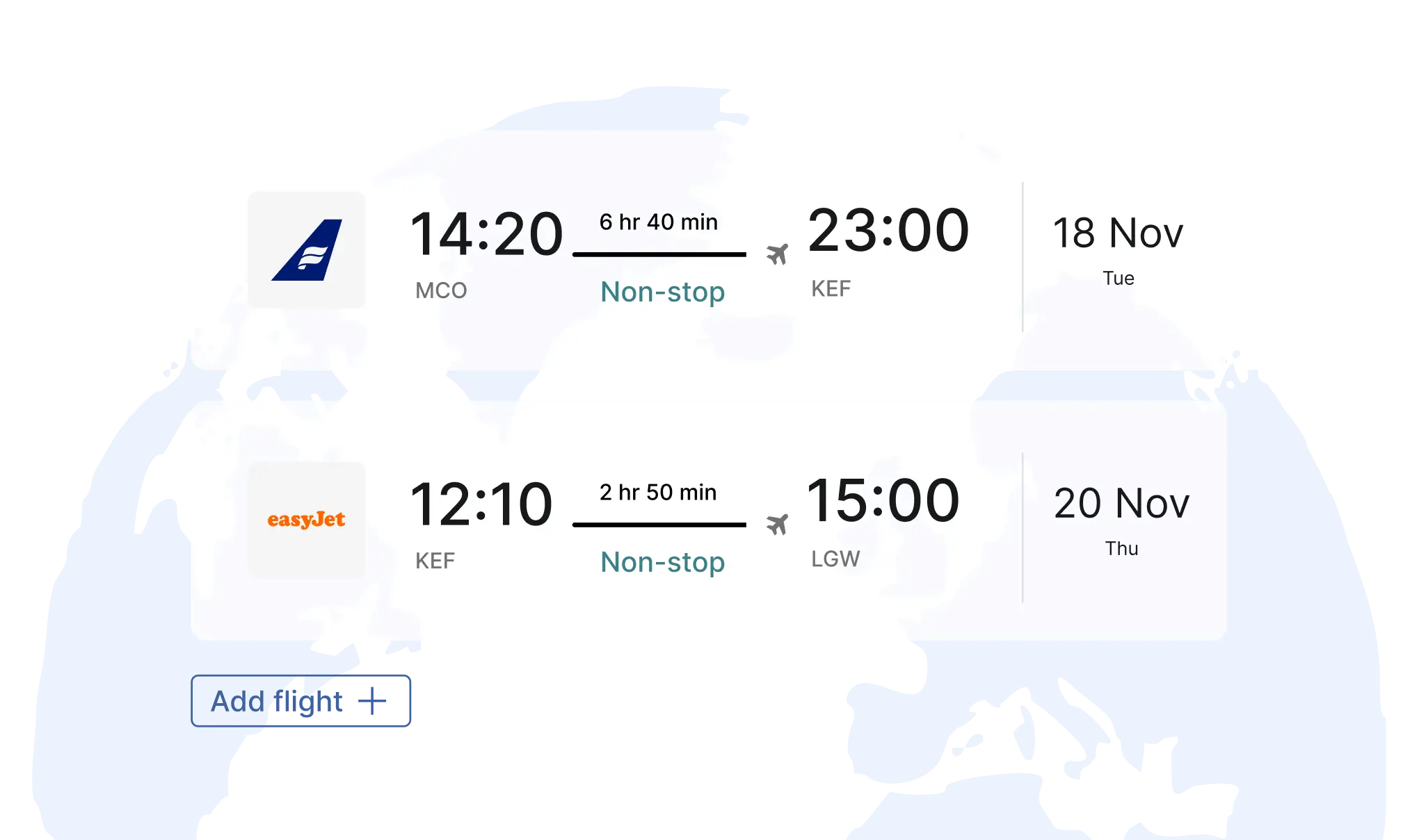 Multi-flight booking itinerary with add flight option