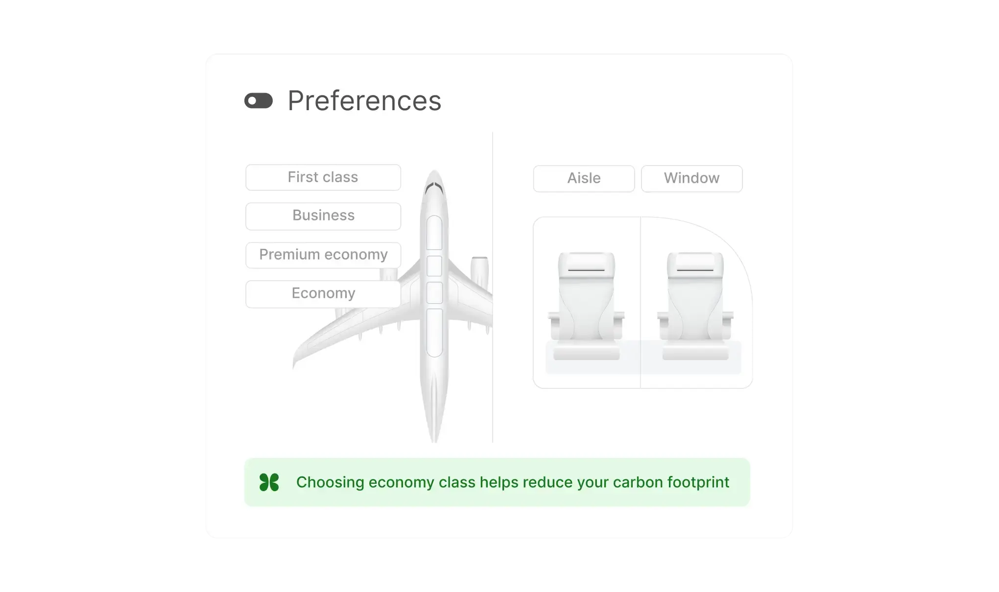 Flight booking preferences selector for cabin class and seating