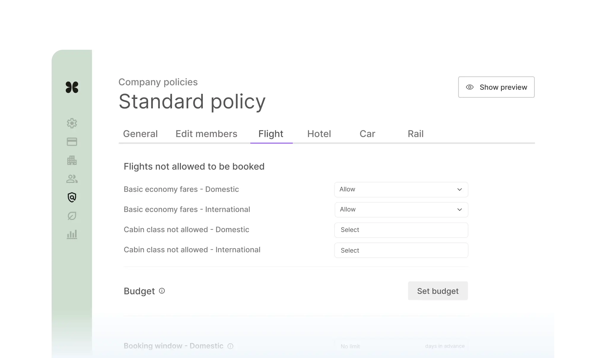 Company travel policy configuration interface