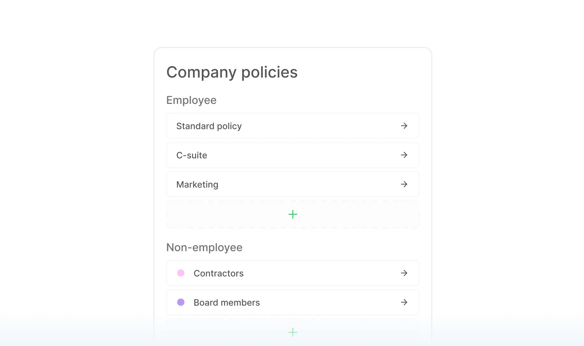 Company travel policies menu with employee and non-employee categories