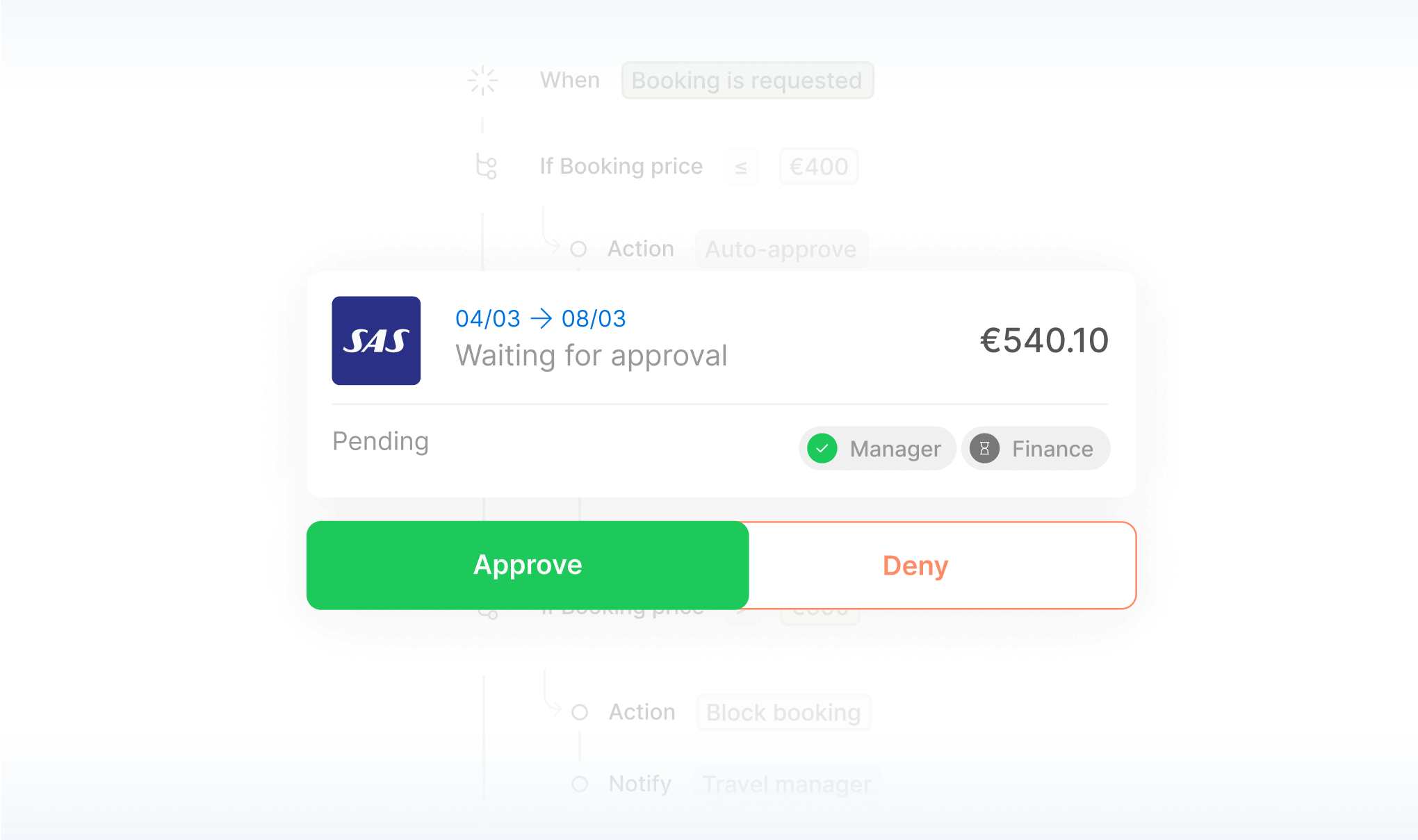 Booking approval interface with approve and deny options