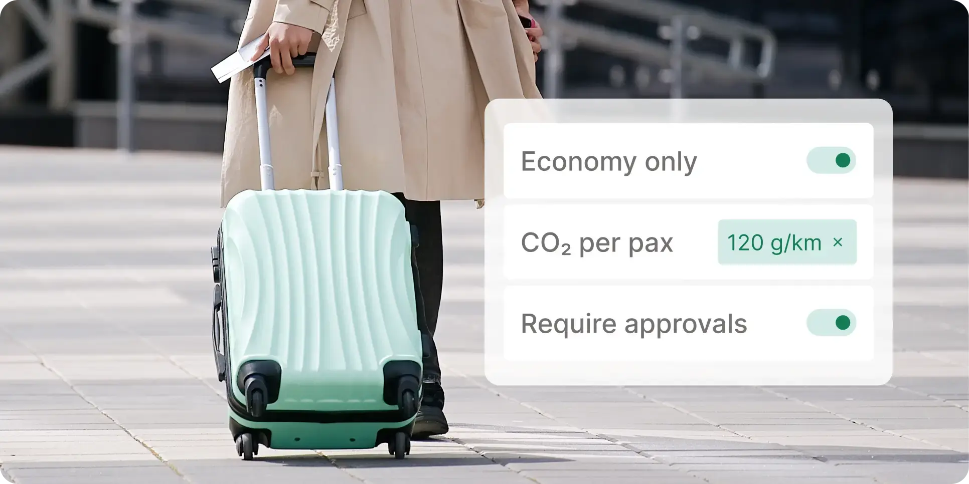Travel policy settings for carbon emissions and approval requirements