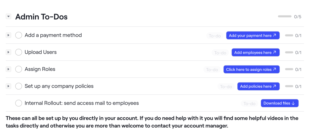 list overview over admin to-dos when onboarding with Goodwings